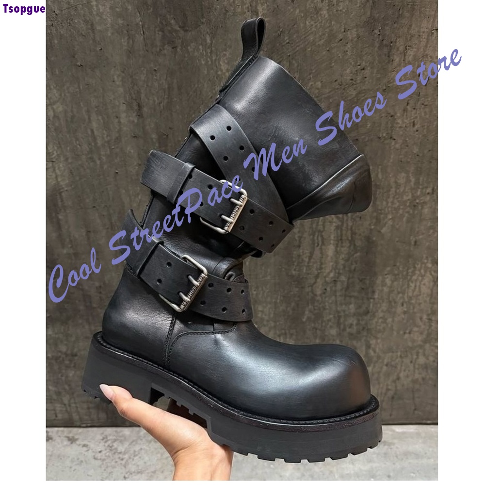 Mens Fashion Combat Boots - Multi Buckle Platform Ankle Combat Boots