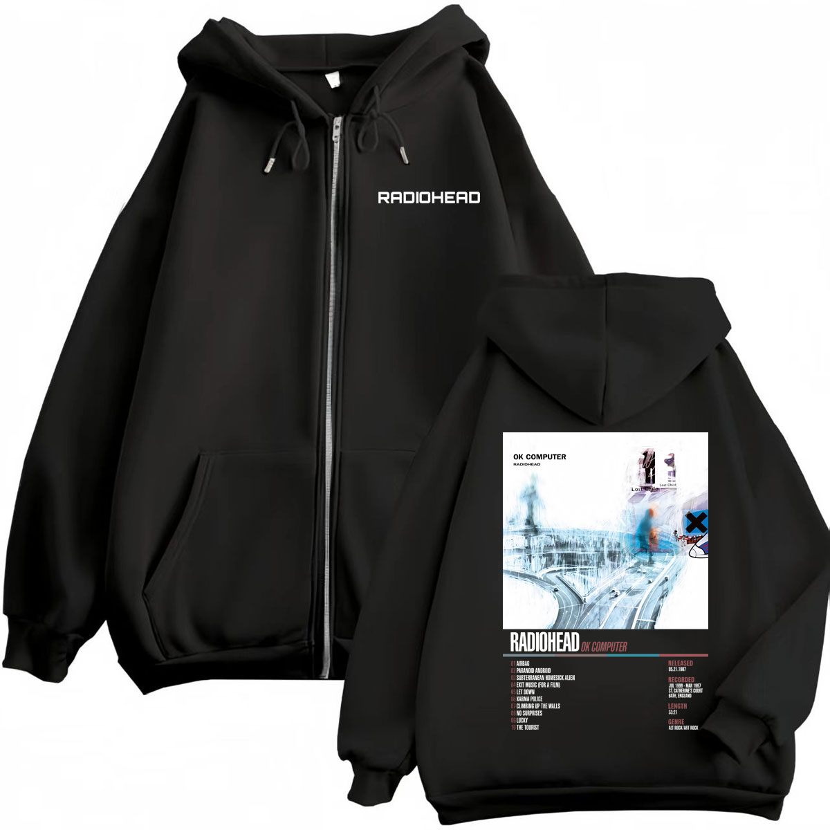 Mens Fashion Zip Up Hoodies - Radiohead Music Album Poster Graphic Zipper
