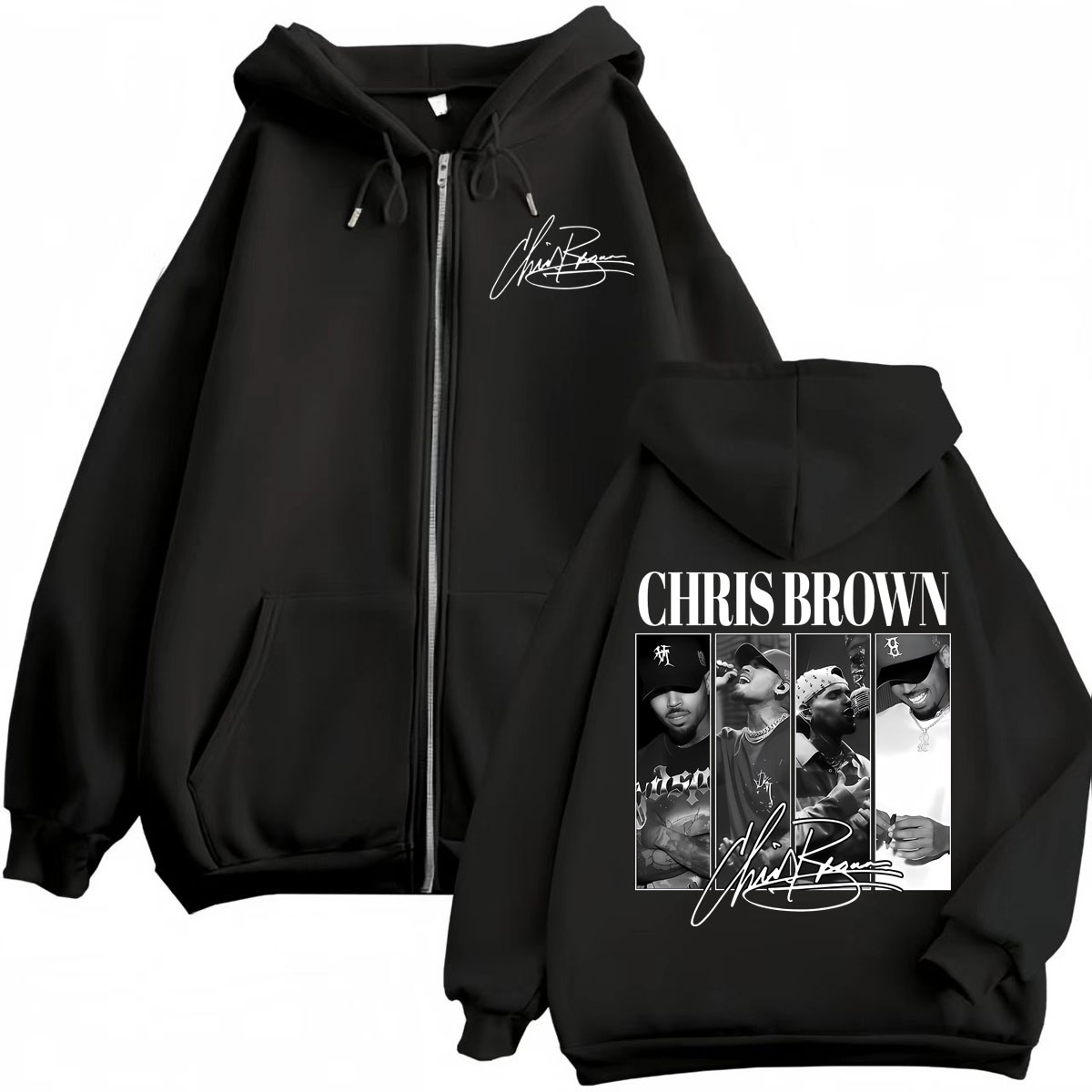 Mens Fashion Zip Up Hoodies - Rapper Chris Brown Graphic Zipper Hoodies