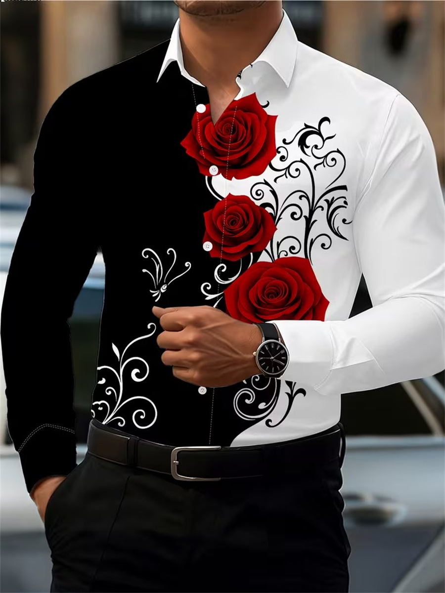 Men'S Fashion Designer - Men's Red Rose Print Long-Sleeve Shirt,