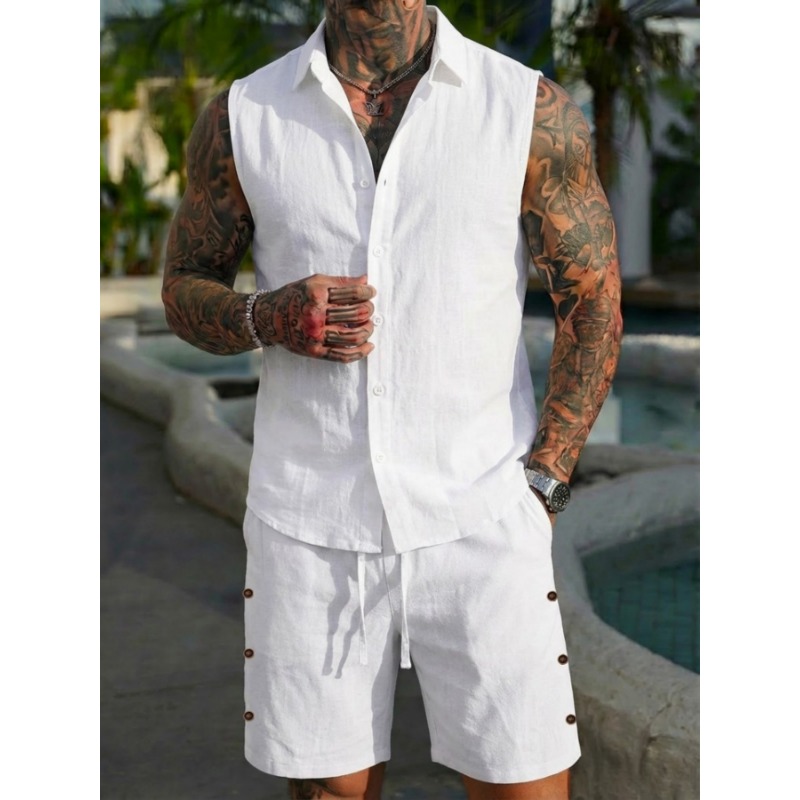 Men's 2 Piece Linen Textured S - Linen Shirt Summer 评论和价格