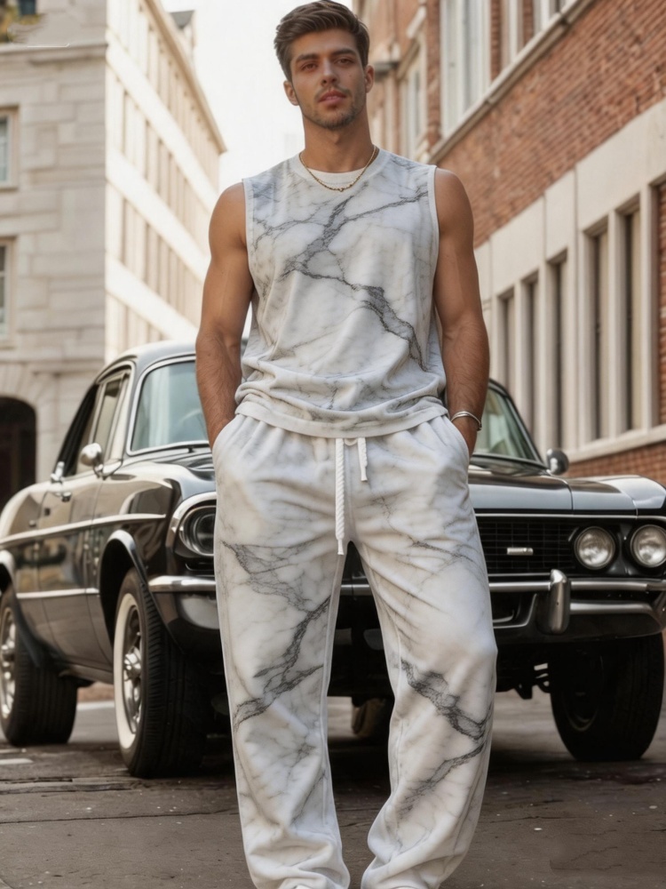 Men's Marble Texture Print Sle - Track Suit Men 评论和价格