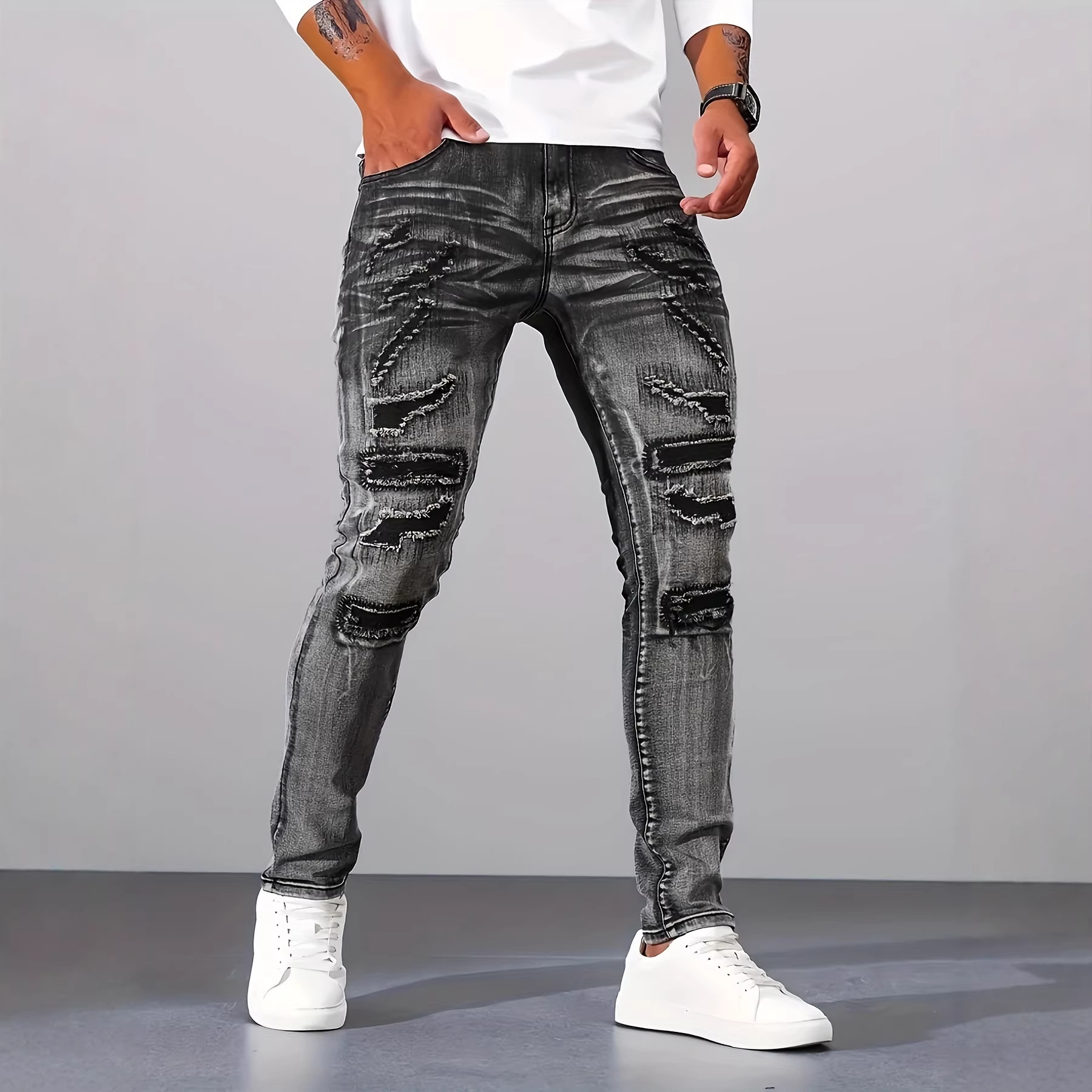 Men Grey Slim Simple Casual Da - Men'S Fashion Grey Jeans 评论和价格