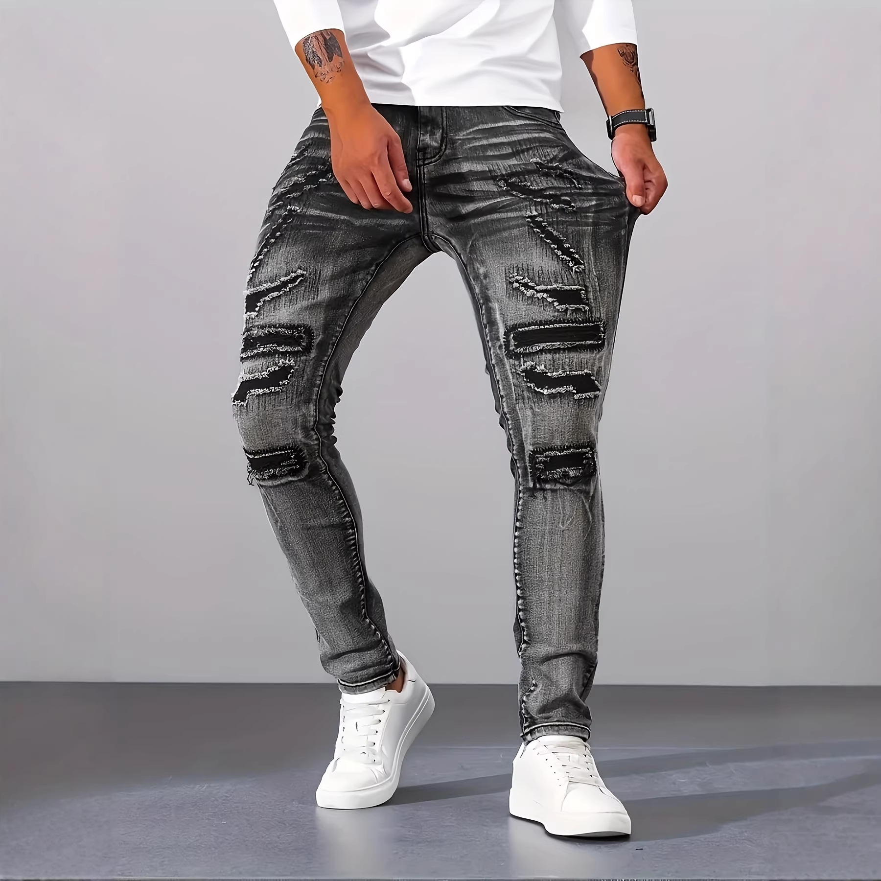Men Grey Slim Simple Casual Da - Men'S Fashion Grey Jeans 评论和价格