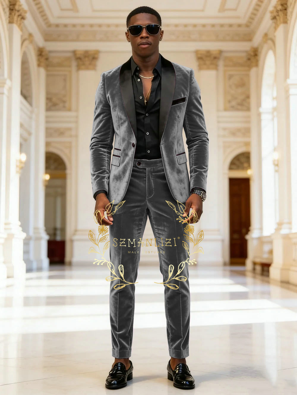 Dark Grey Velvet 2 Pieces Men  - Mens Fashion Dark Grey Pants 评论和价格