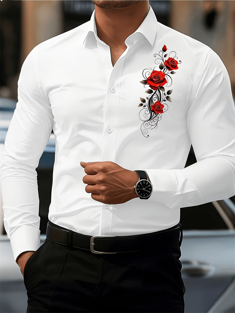 Men's Red Rose Print Long-Slee - Men'S Fashion Designer 评论和价格