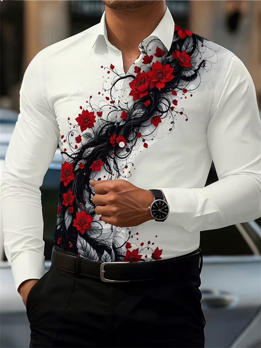 Men's Red Rose Print Long-Slee - Men'S Fashion Designer 评论和价格